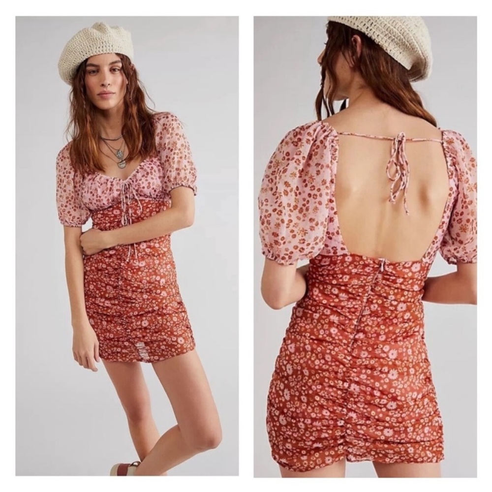 Free People x Revolve Tessa Floral Mini Dress Pink Brown